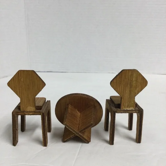 Vintage Miniature Wooden Dollhouse Furniture Sets 4 chairs & 2 round Tables - Picture 8 of 15